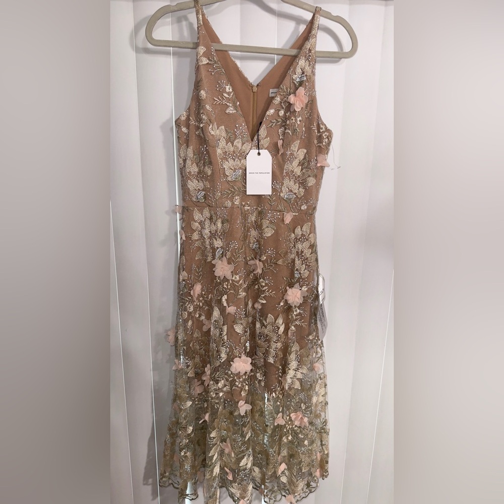 Dress the Population Beige Floral Midi Dress